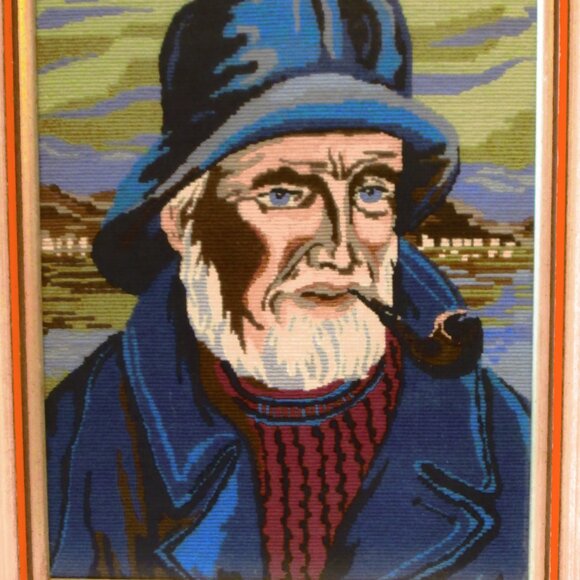 Old Man by the Sea framed needlepoint made in Denmark - Picture 6 of 6